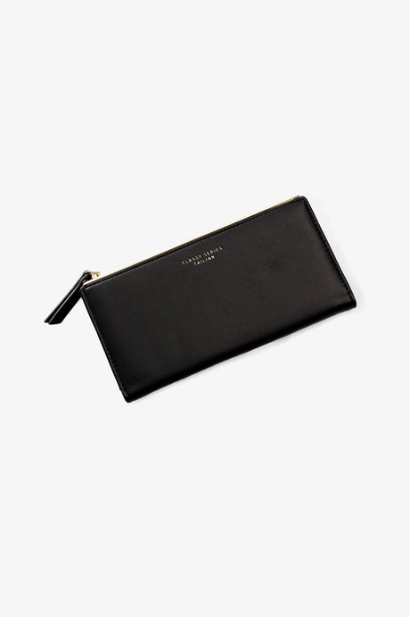 Cartera negra rectangular de piel con cierre y texto dorado Classy Series Taillian